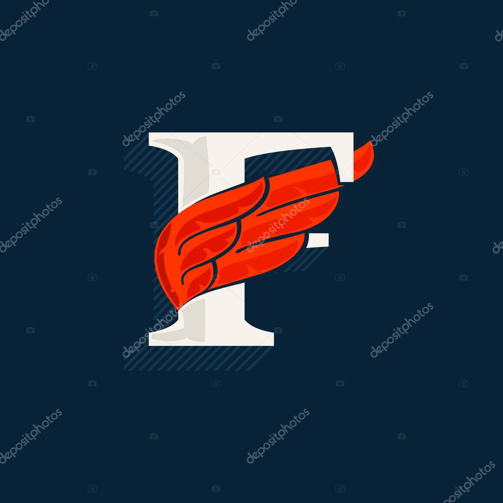 Letter F logo with red wing. Classic serif font with shadow made of lines. Vector icon perfect for sport labels, shipping posters, power identity, etc.
