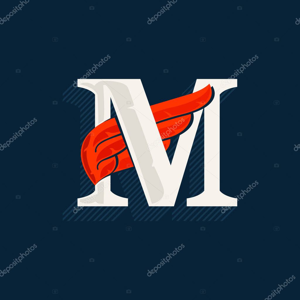 Letter M logo with red wing. Classic serif font with shadow made of lines. Vector icon perfect for sport labels, shipping posters, power identity, etc.