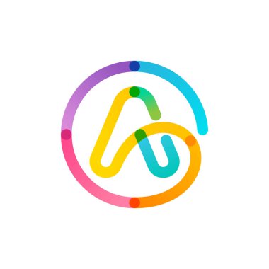 Gökkuşağı gradyan dairesindeki A harfi logosu. İmkansız tek satır tarzı. Dijital etiketler, bilimsel baskılar, modern reklamlar vs. için mükemmel renkli simge.