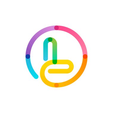 Gökkuşağı gradyan dairesindeki L harfi logosu. İmkansız tek satır tarzı. Dijital etiketler, bilimsel baskılar, modern reklamlar vs. için mükemmel renkli simge.