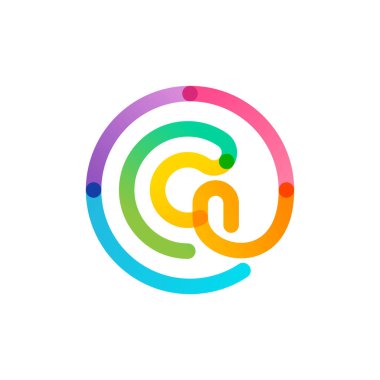 Gökkuşağı gradyan dairesindeki G harfi logosu. İmkansız tek satır tarzı. Dijital etiketler, bilimsel baskılar, modern reklamlar vs. için mükemmel renkli simge.