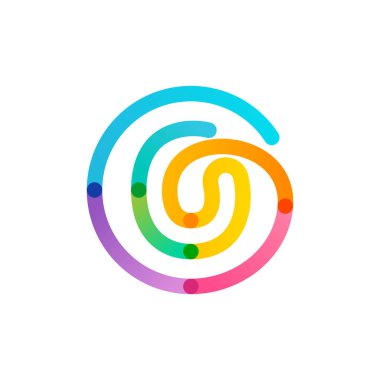 Gökkuşağı gradyan dairesindeki O harfi logosu. İmkansız tek satır tarzı. Dijital etiketler, bilimsel baskılar, modern reklamlar vs. için mükemmel renkli simge.