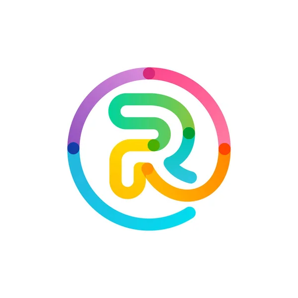 虹のグラデーションサークル内のR文字のロゴ 不可能1行スタイル デジタルラベル 科学印刷 現代的な広告などのための完璧なカラフルなアイコン — ストックベクタ