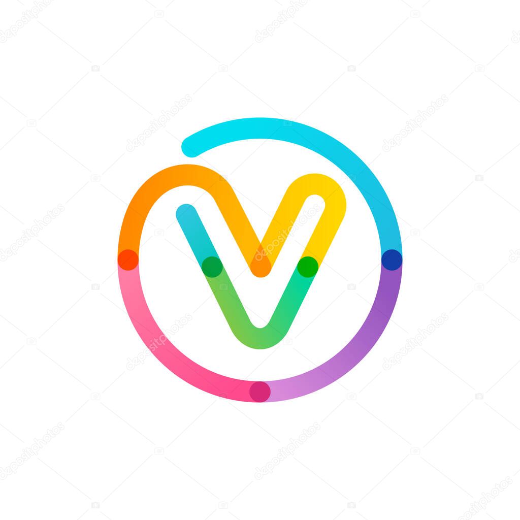 V letter logo in a rainbow gradient circle. Impossible one line style. Perfect colorful icon for digital labels, science print, modern advertising, etc.