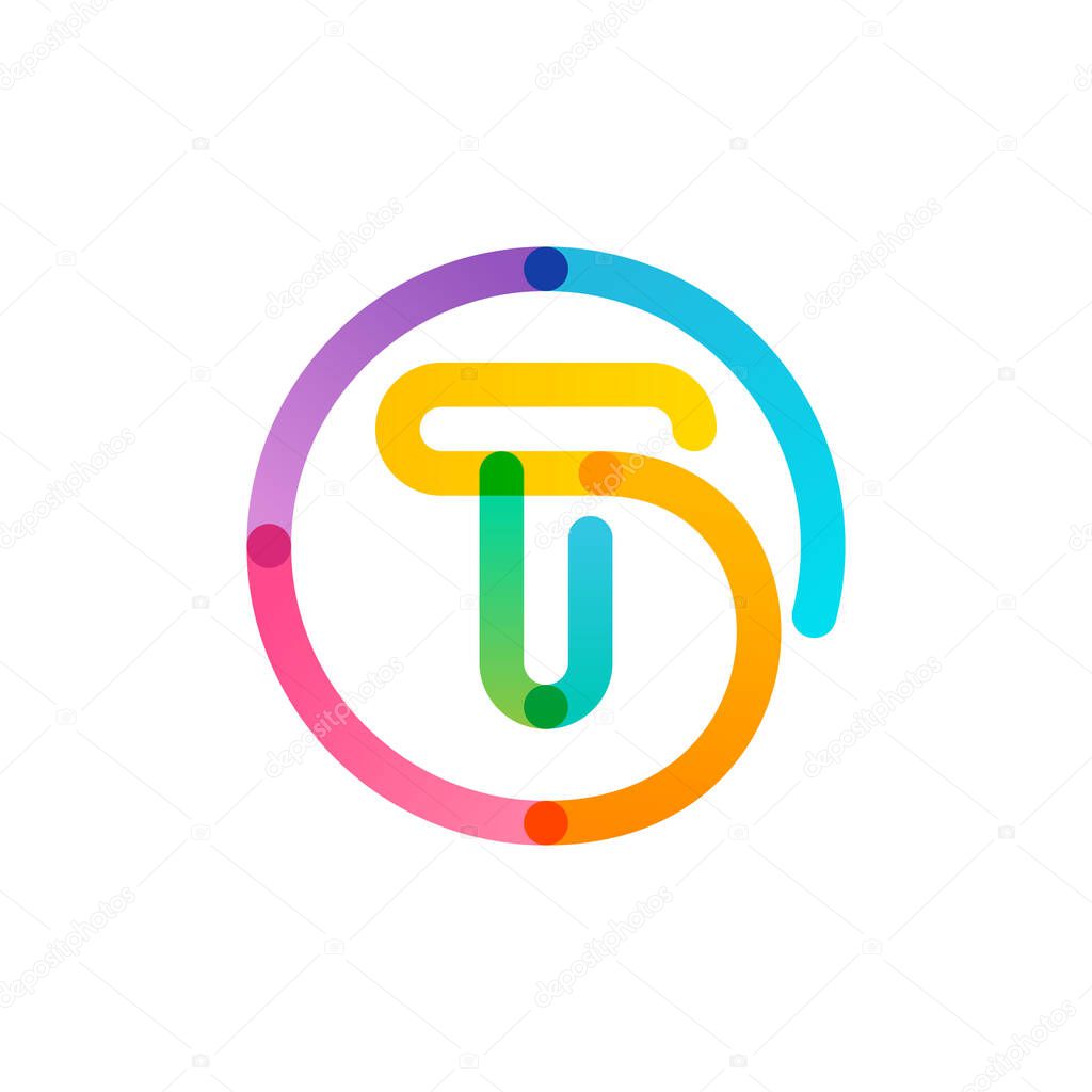 T letter logo in a rainbow gradient circle. Impossible one line style. Perfect colorful icon for digital labels, science print, modern advertising, etc.