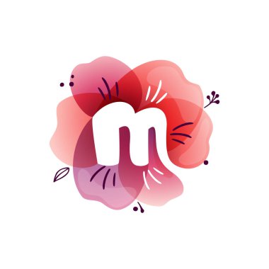 Suluboya çiçekli M harfi logosu. Mürekkep ve yaprak desenli negatif uzay simgesi. Botanik etiketler için mükemmel yazı tipi, doğum günü baskısı, düğün posterleri vs..