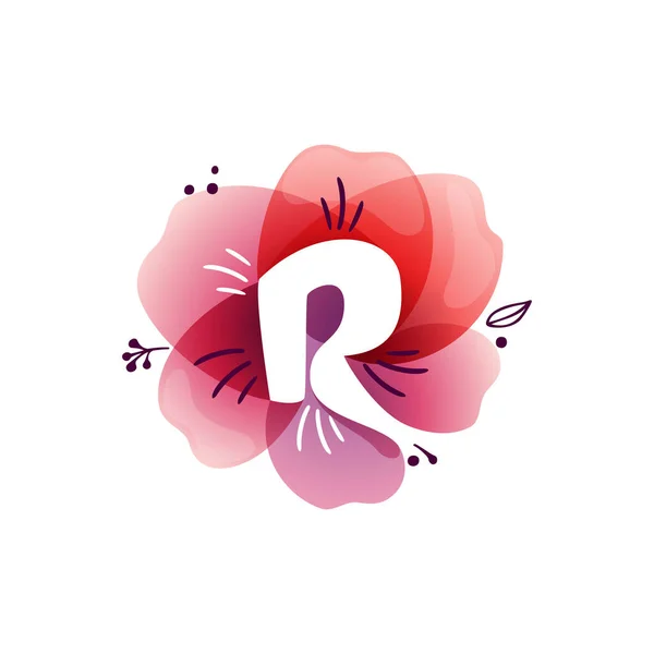 水彩画のR文字のロゴが重なる花 インクハーブと葉のパターンを持つ負のスペースアイコン 植物ラベル 誕生日印刷 結婚式のポスターなどのための完璧なフォント — ストックベクタ