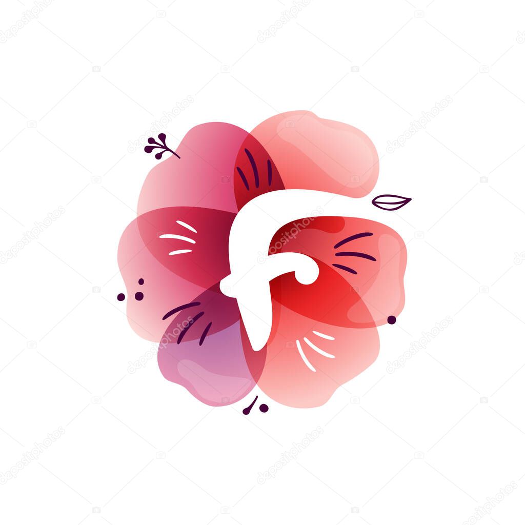 F letter logo at watercolor overlapping flower. Negative space icon with ink herbs and leaves pattern. Perfect font for botanical labels, birthday print, wedding posters etc.