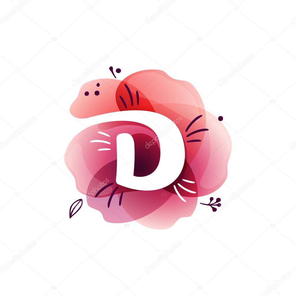 D letter logo at watercolor overlapping flower. Negative space icon with ink herbs and leaves pattern. Perfect font for botanical labels, birthday print, wedding posters etc.