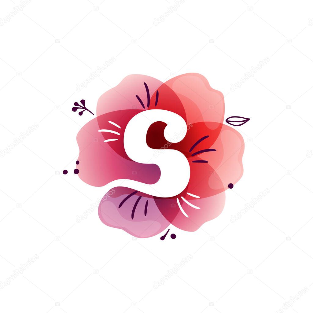 S letter logo at watercolor overlapping flower. Negative space icon with ink herbs and leaves pattern. Perfect font for botanical labels, birthday print, wedding posters etc.