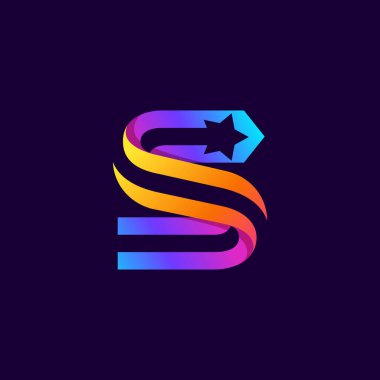 Letter S logo with star inside. Vector parallel lines icon. Perfect font for multicolor labels, space print, nightlife posters etc. clipart