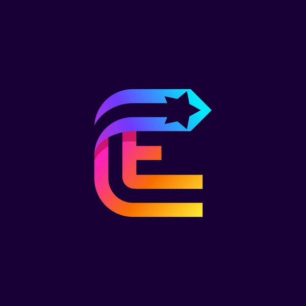 Letter E logo with star inside. Vector parallel lines icon. Perfect font for multicolor labels, space print, nightlife posters etc.