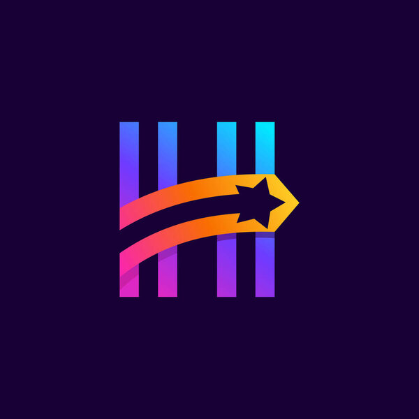 Letter H logo with star inside. Vector parallel lines icon. Perfect font for multicolor labels, space print, nightlife posters etc.