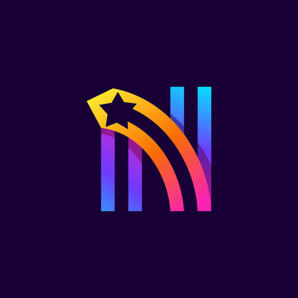 Letter N logo with star inside. Vector parallel lines icon. Perfect font for multicolor labels, space print, nightlife posters etc.