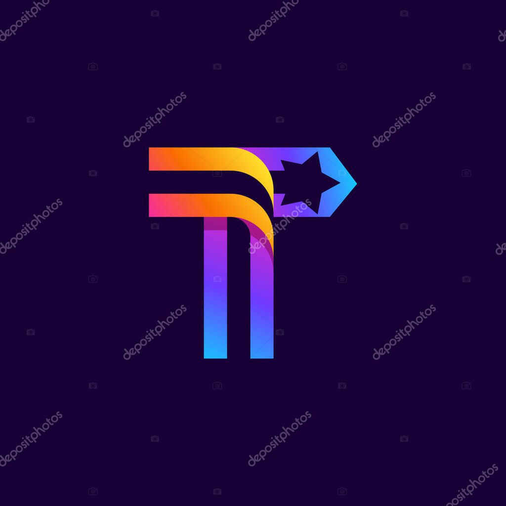 Letter T logo with star inside. Vector parallel lines icon. Perfect font for multicolor labels, space print, nightlife posters etc.