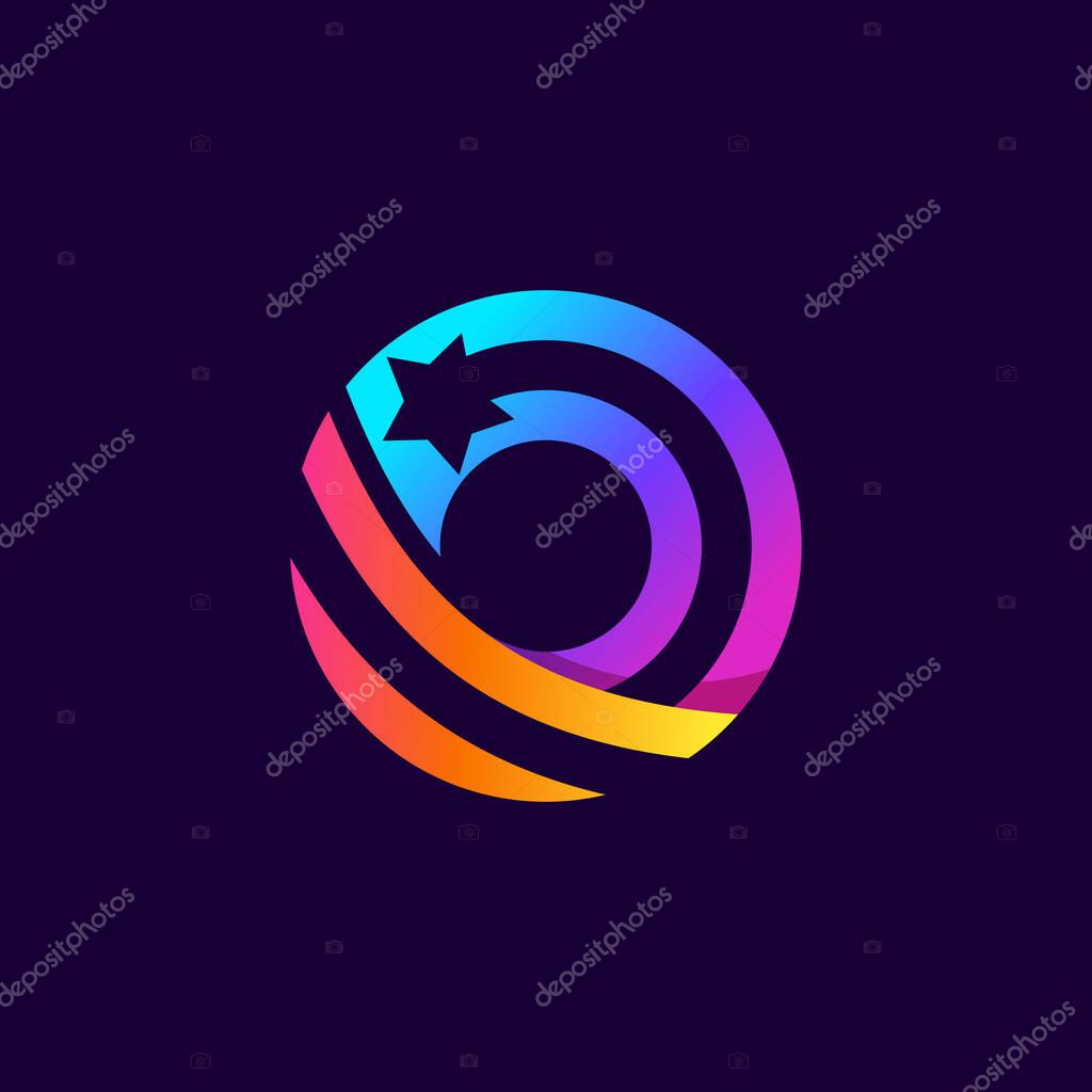 Letter O logo with star inside. Vector parallel lines icon. Perfect font for multicolor labels, space print, nightlife posters etc.