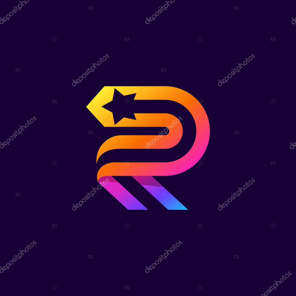 Letter R logo with star inside. Vector parallel lines icon. Perfect font for multicolor labels, space print, nightlife posters etc.