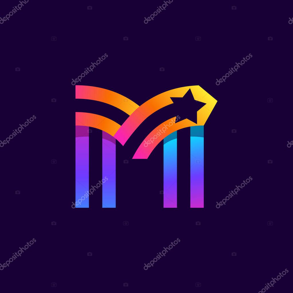Letter M logo with star inside. Vector parallel lines icon. Perfect font for multicolor labels, space print, nightlife posters etc.
