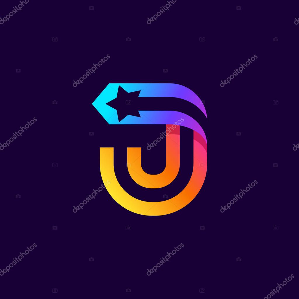 Letter J logo with star inside. Vector parallel lines icon. Perfect font for multicolor labels, space print, nightlife posters etc.
