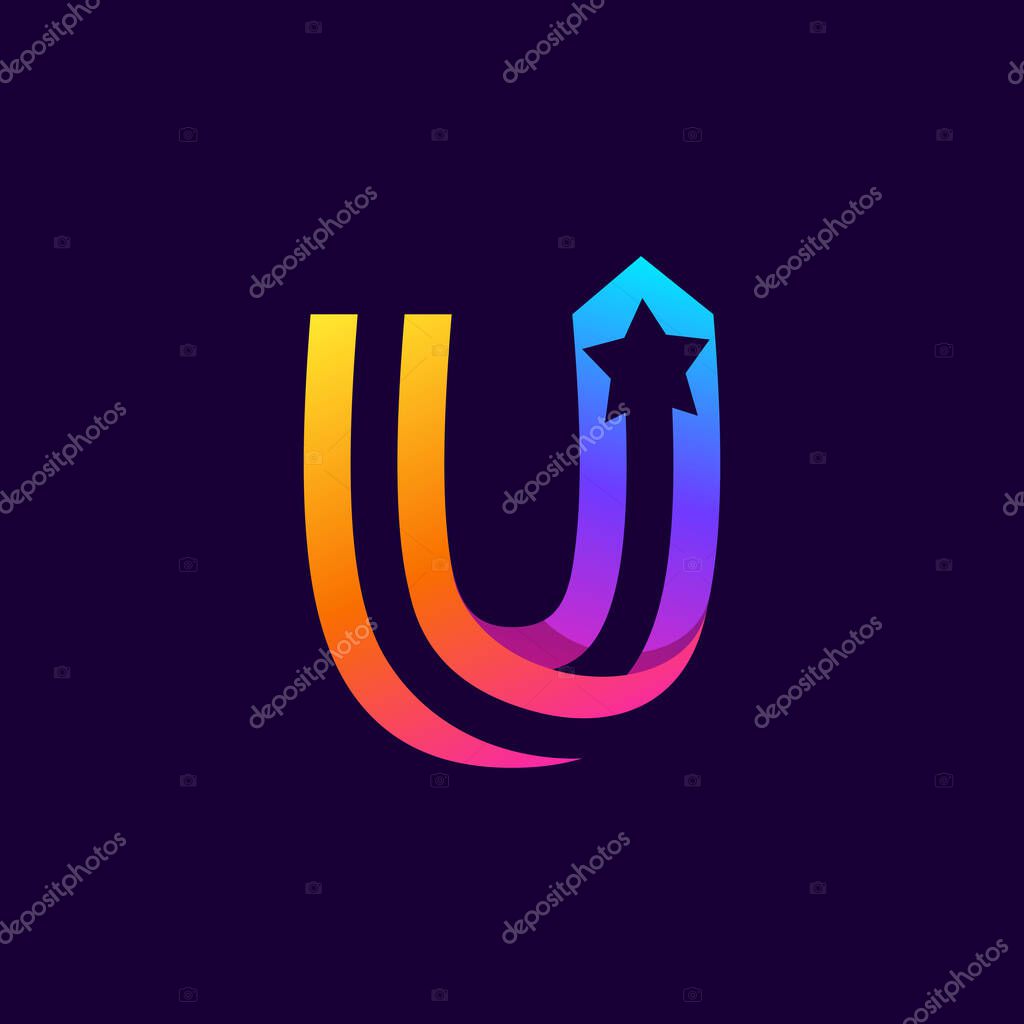 Letter U logo with star inside. Vector parallel lines icon. Perfect font for multicolor labels, space print, nightlife posters etc.