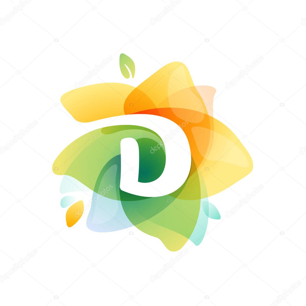 D letter logo at colorful watercolor flower. Perfect font for invitation design, textile print, greeting card etc.