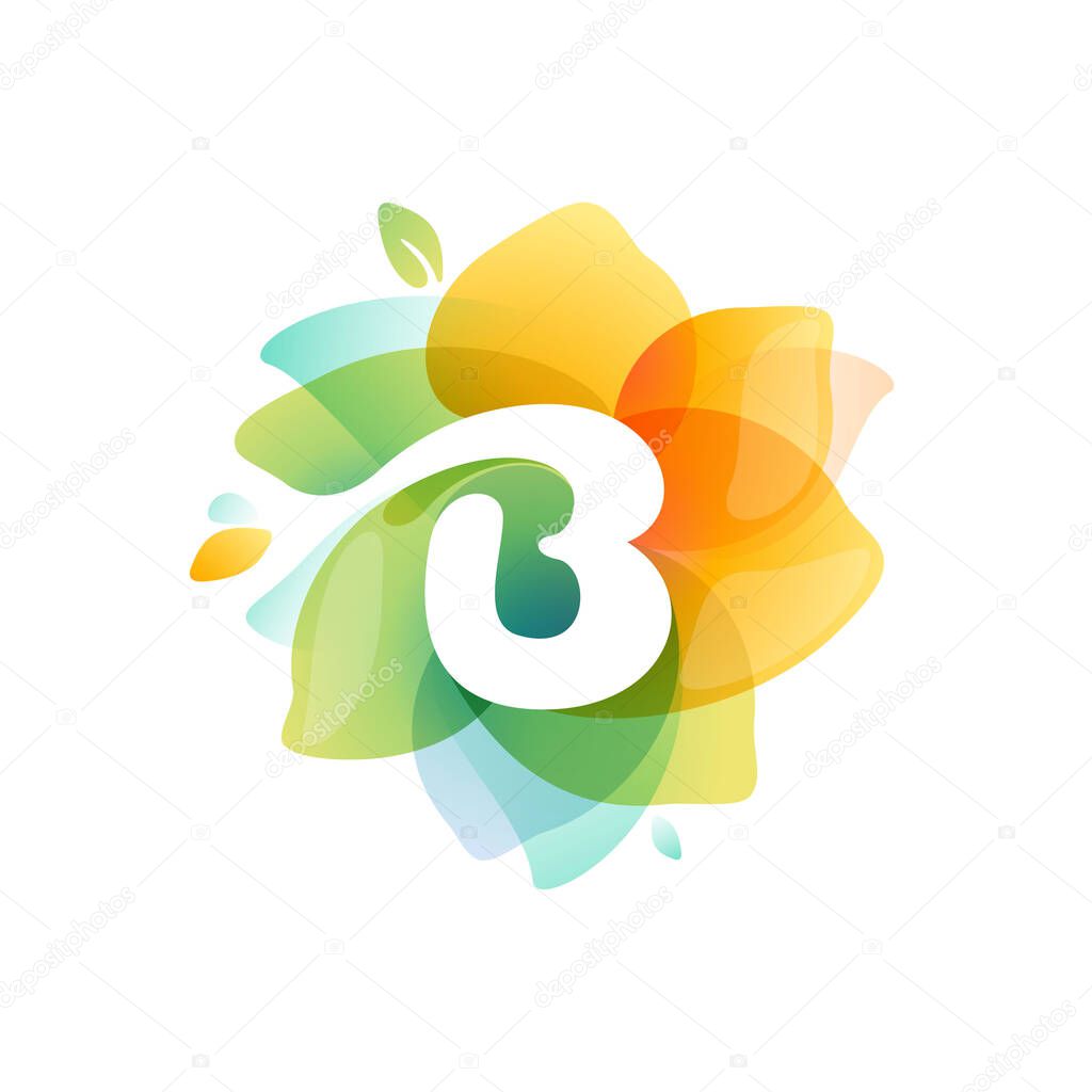 B letter logo at colorful watercolor flower. Perfect font for invitation design, textile print, greeting card etc.