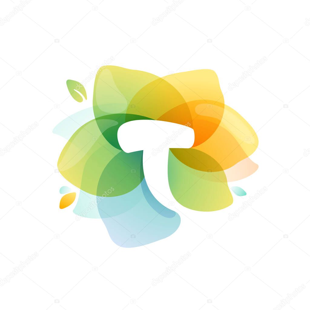T letter logo at colorful watercolor flower. Perfect font for invitation design, textile print, greeting card etc.