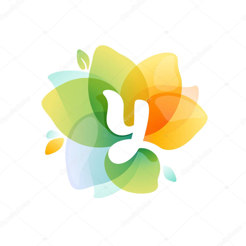 Y letter logo at colorful watercolor flower. Perfect font for invitation design, textile print, greeting card etc.