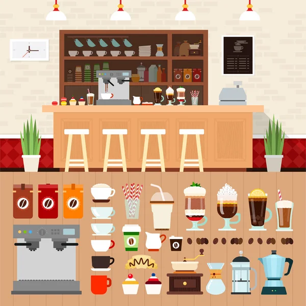 Kaffeebar mit Getränken auf dem Tisch — Stockvektor