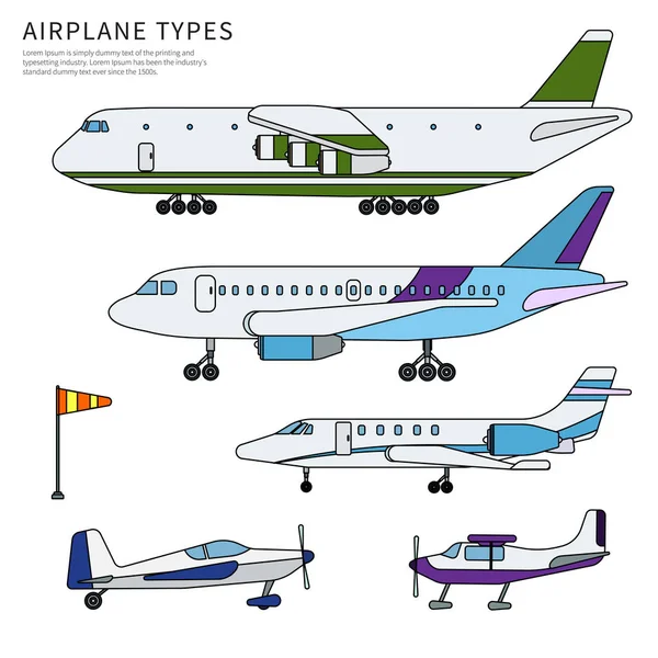 Different airplanes line flat isolated — Stock Vector