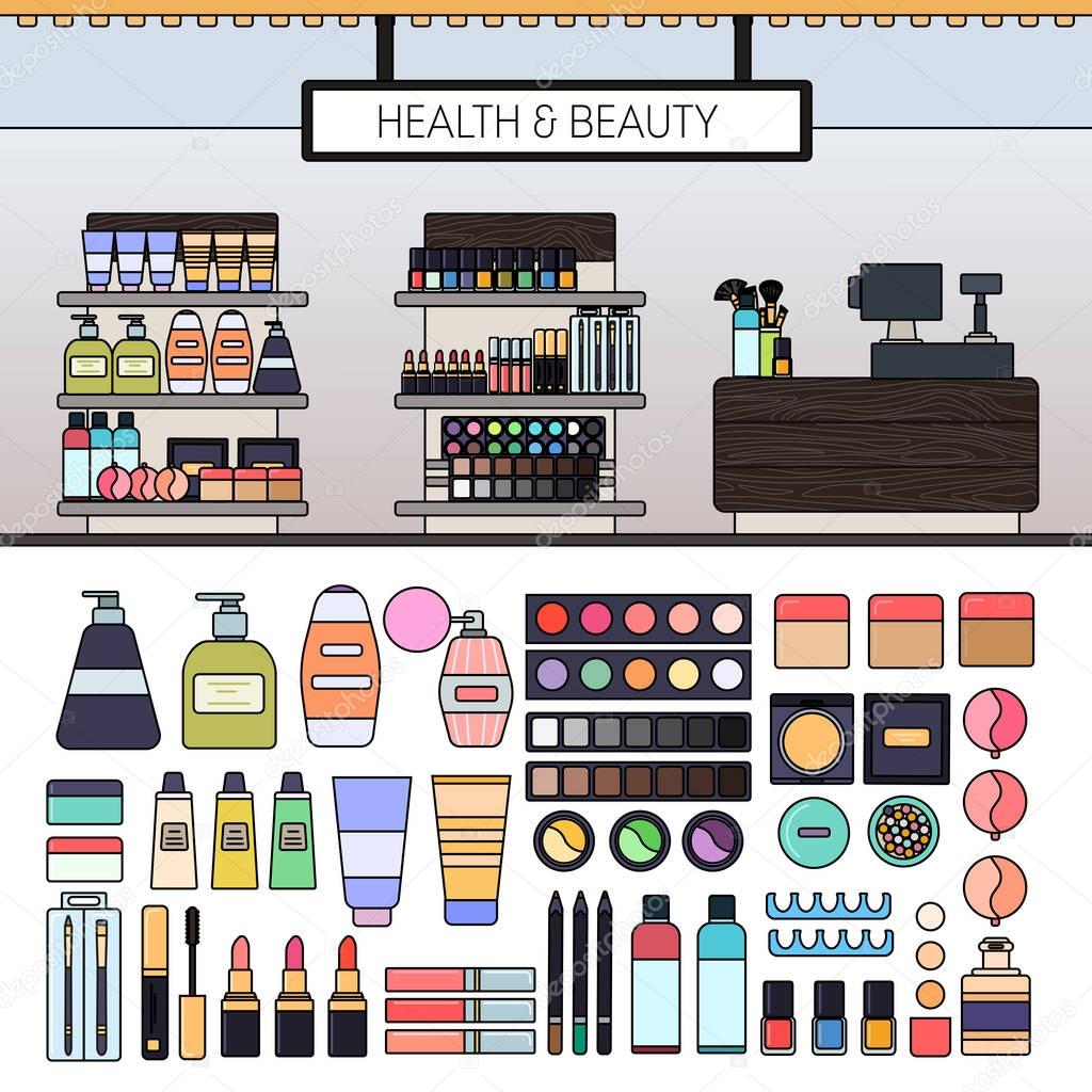 Make up store with cosmetics on the shelves