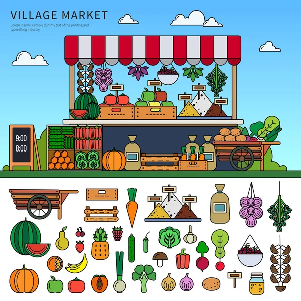 在村子里的食品市场 — 图库矢量图片
