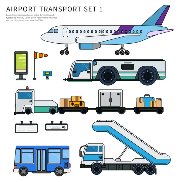 Jenis transportasi bandara yang bekerja terisolasi dengan warna putih - Stok Vektor