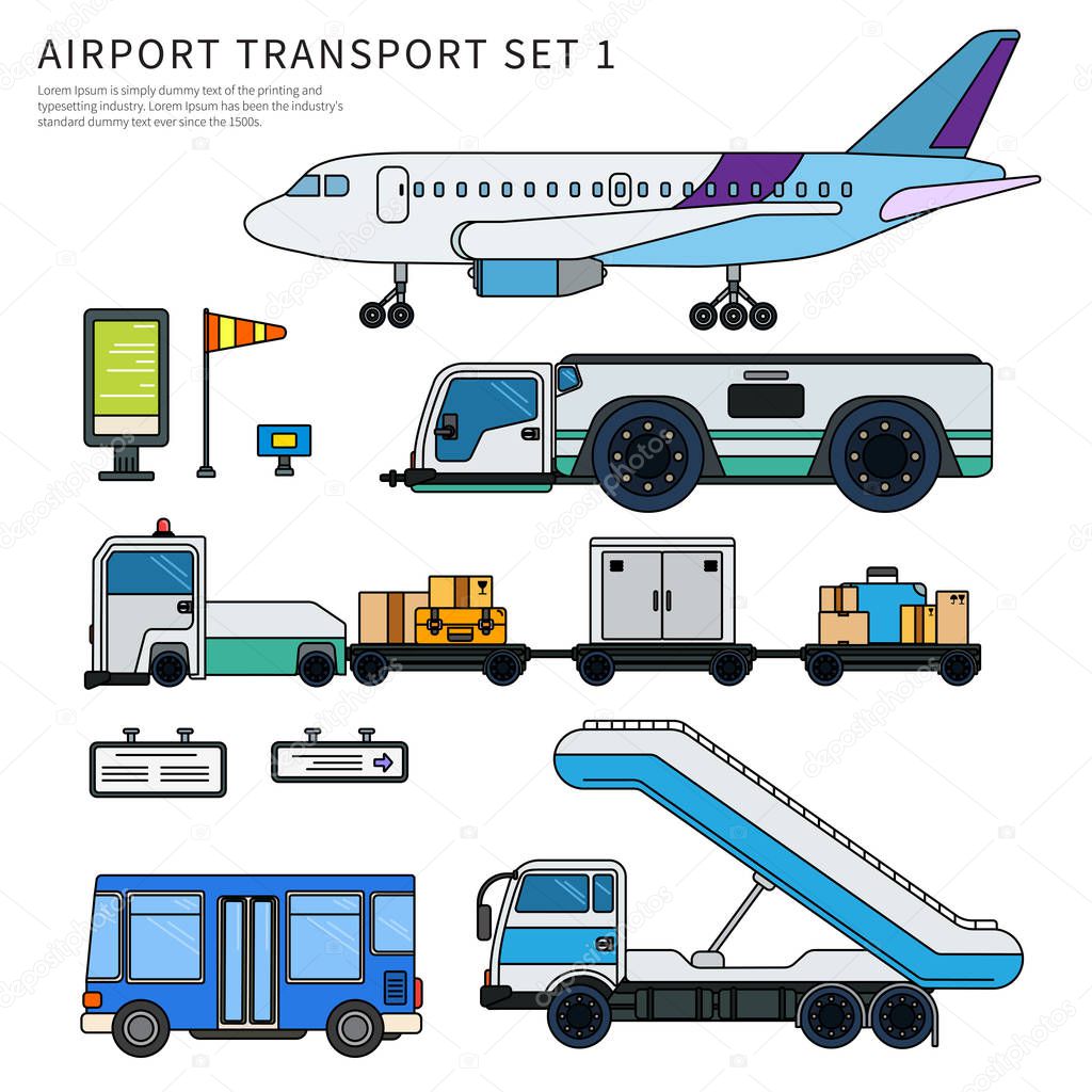 Types of airport working transport isolated on white