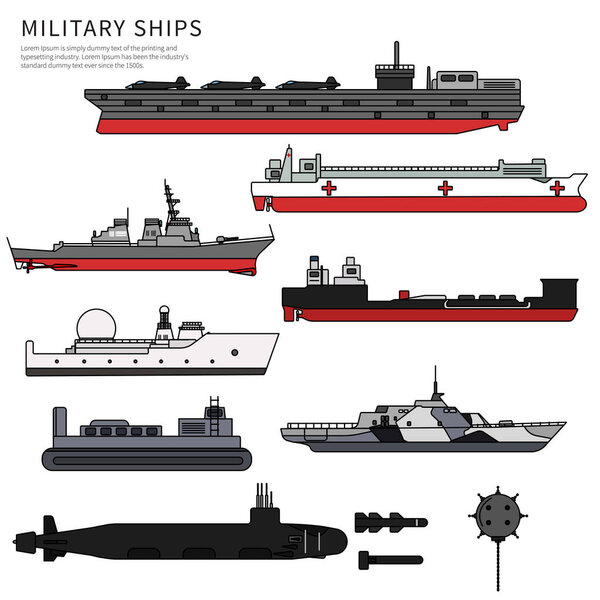 Military ships, warship and battleship on white