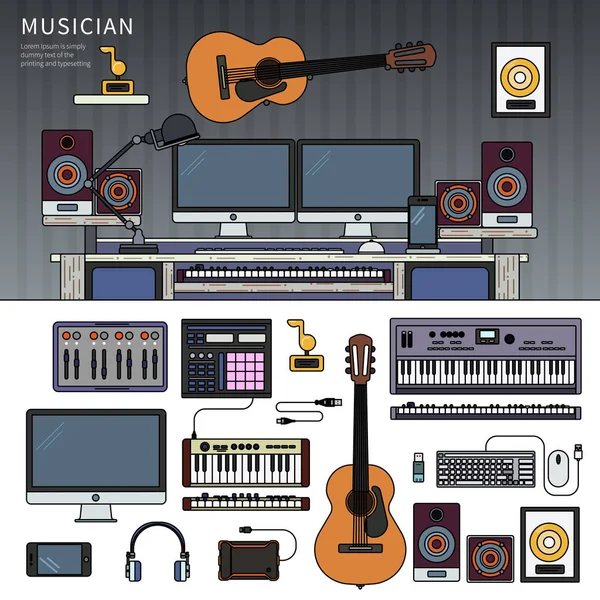 Espaço de trabalho músico com instrumentos musicais, estúdio de gravação de som — Vetor de Stock