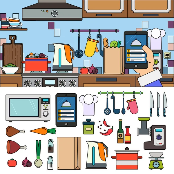 Matlagning hemma med hjälp av online-app — Stock vektor