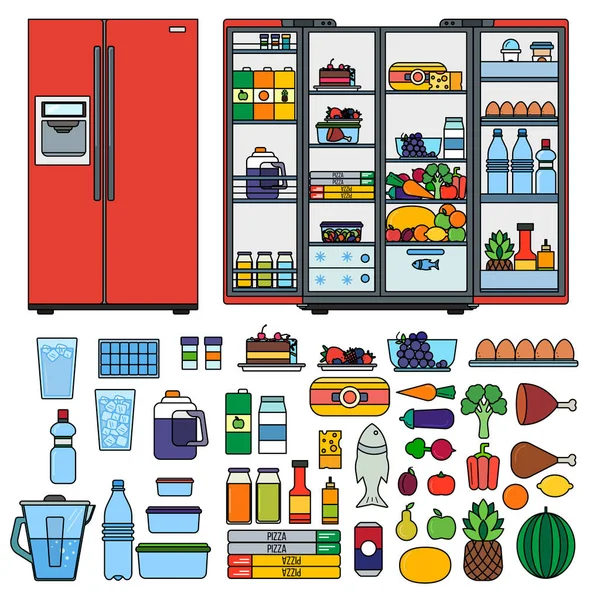 Refrigerador con productos de línea plana vector — Archivo Imágenes Vectoriales