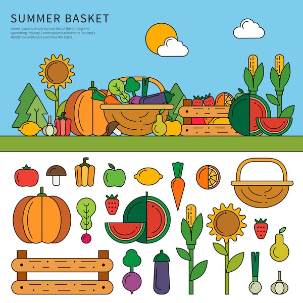 Summer basket with vitamins — Stock Vector