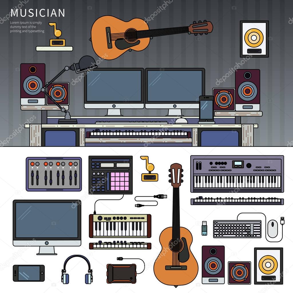 Musician workspace with musical instruments, sound recording studio