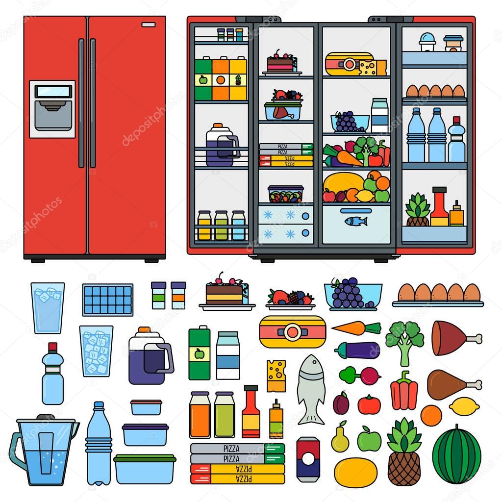 Refrigerator with products flat line vector