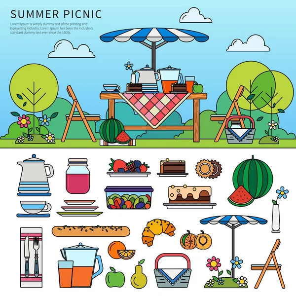 Picnic de verano en un día soleado — Vector de stock