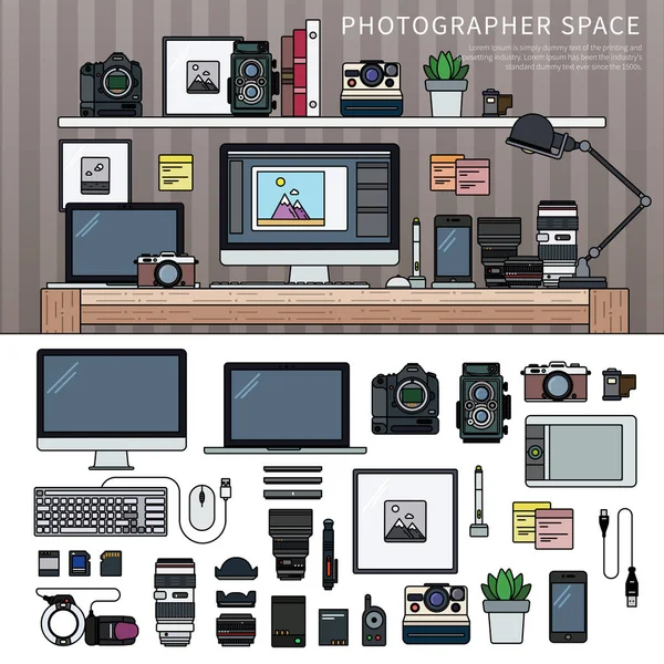 Espacio de trabajo para fotógrafo — Vector de stock