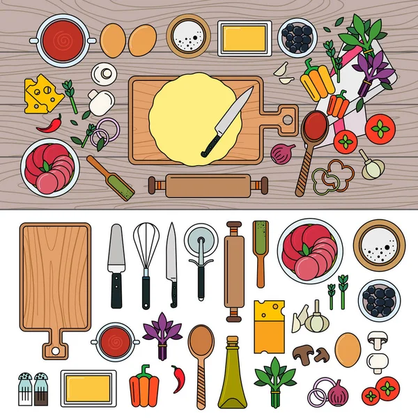 Cooking pizza with ingredients on wooden table — Stock Vector