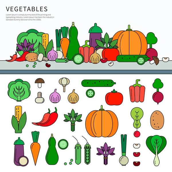 Verduras línea plana conjunto — Vector de stock