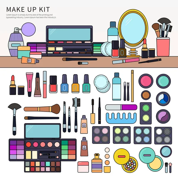 Kit de maquillaje sobre la mesa — Vector de stock