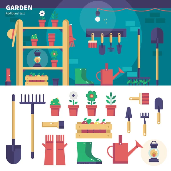 Équipement de jardinage dans le garage — Image vectorielle