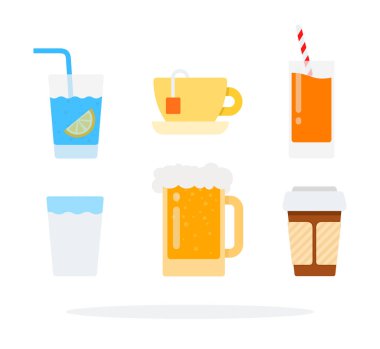 İçecekler vektör düz malzeme tasarımı için beyaz arkaplan üzerine izole nesne ayarlar.