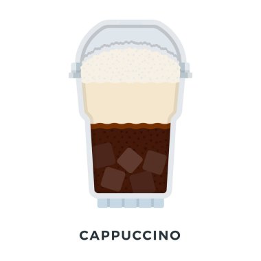 Saf plastik bardakta buzlu cappuccino köpük vektörü izole edilmiş.