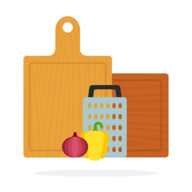 Biber ve soğan vektörüyle kesme ve rendeleme için tahta tahtalar izole edildi